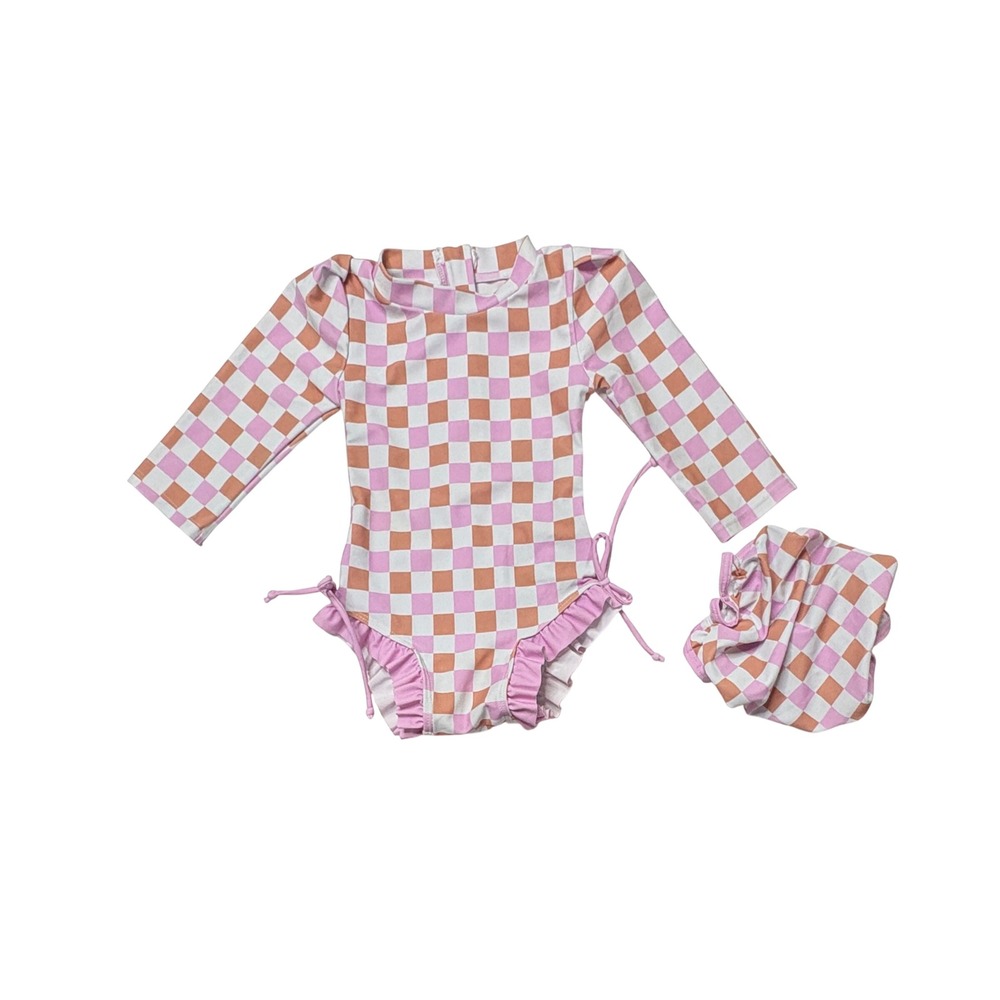 Girls Checkerboard Pink White One Piece Swimsuit with Cap Infant 12-18 Months